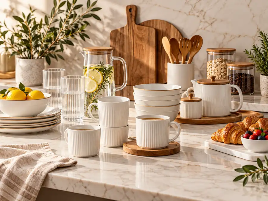 Curated kitchenware styled on a bright marble counter