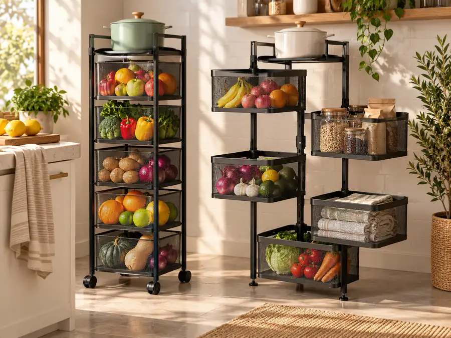 Smart home storage racks with neatly organised produce and essentials