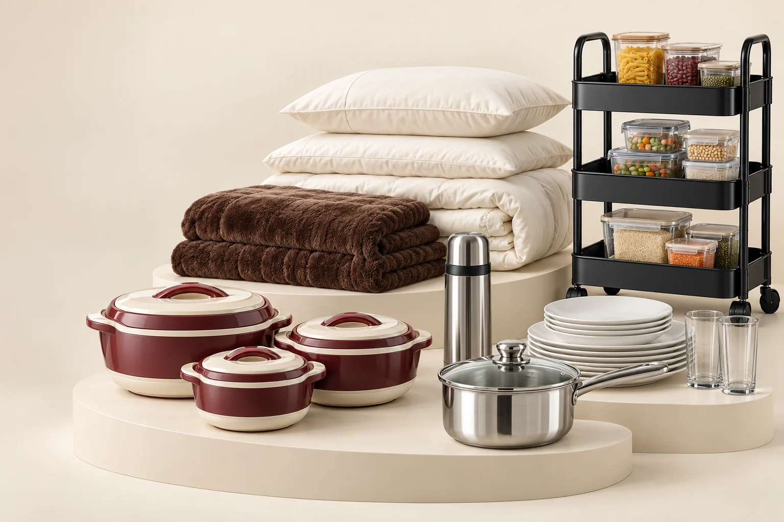 Household essentials including hotpots, cookware, bedding, drinkware and kitchen storage